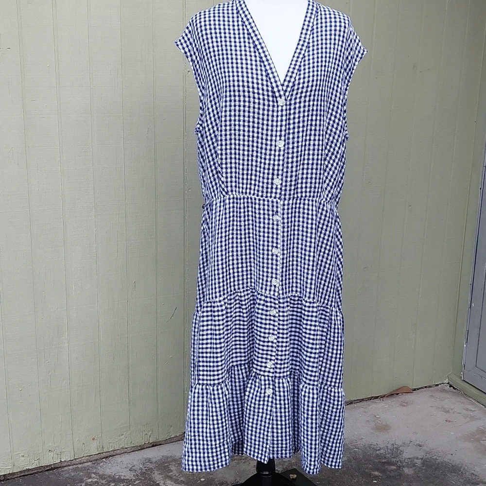 Melonie Blue and White Sleeveless Checkered Midi Dress Sz 20W - Picture 3 of 15